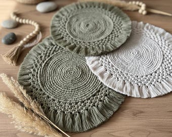 Handmade Round Macrame Placemats – Cotton Rope Boho Farmhouse Table Decor (12" 14")