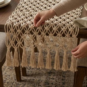 Camino de mesa de macramé, pieza central de comedor bohemia, tejido en algodón, 89,5 cm, 160 cm y 180 cm