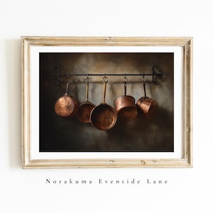 Vintage Copper Pots Print | French Country Kitchen Wall Art | Rustic Farmhouse Culinary Decor | Digital Download