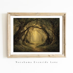 Enchanted Forest Print | Fireflies Painting | Dark Cottagecore Woodland Path Art | Digital Download