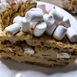 Könnte beinhalten: Ein Stück Dessertkuchen mit hellbraunem Boden, belegt mit einer cremigen Schicht und großen weißen Marshmallows. Einige Marshmallows haben einen rosa Farbton. Der Kuchen liegt auf einem weißen Teller und deutet auf eine süße Leckerei hin.