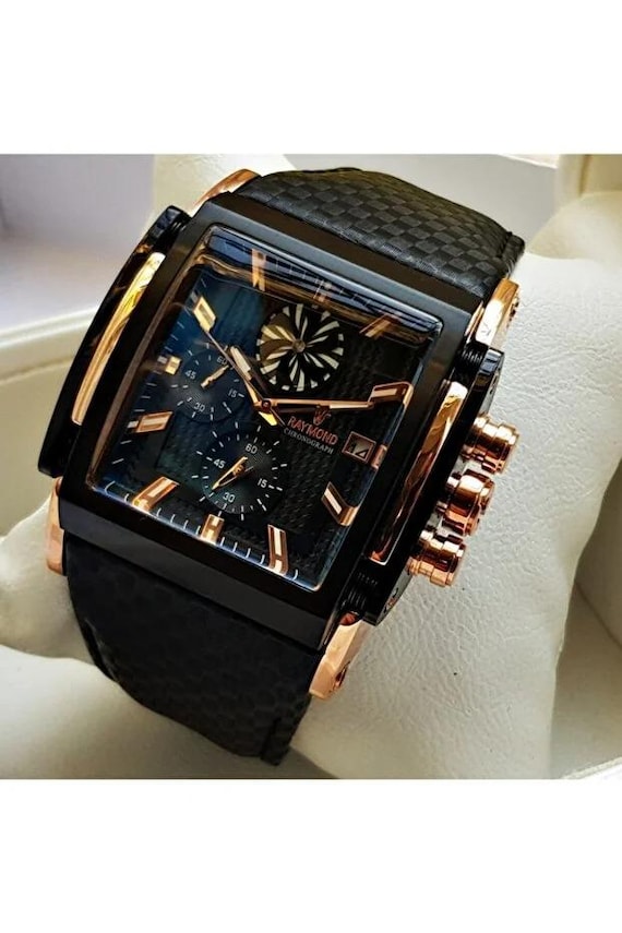 Men's Luxury Square Watch: Black Gold Chronograph Style Sport Statement timepiece