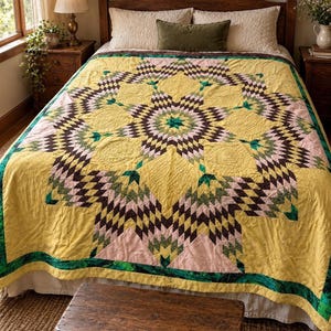 Colcha de retazos, diseño vintage Lone Star Starburst de los años 70 / Cama geométrica