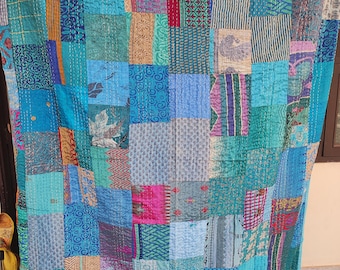 Handmade Silk Kantha Quilt, Vintage Indian Patchwork Bedspread
