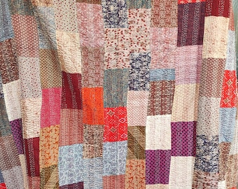 Colcha Kantha de patchwork de seda vintage / Cubrecama indio hecho a mano, manta naranja estilo boho