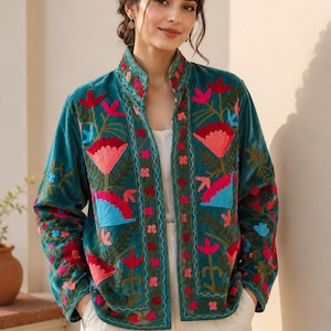 Vintage Suzani Velvet Jacket, Hand Embroidered Floral Coat, Boho Statement Jacket, One Size Free Size Women Jacket