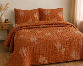 Handmade Cactus Cotton Quilt, Boho Kantha Bedspread, Rust Terracotta Bedding