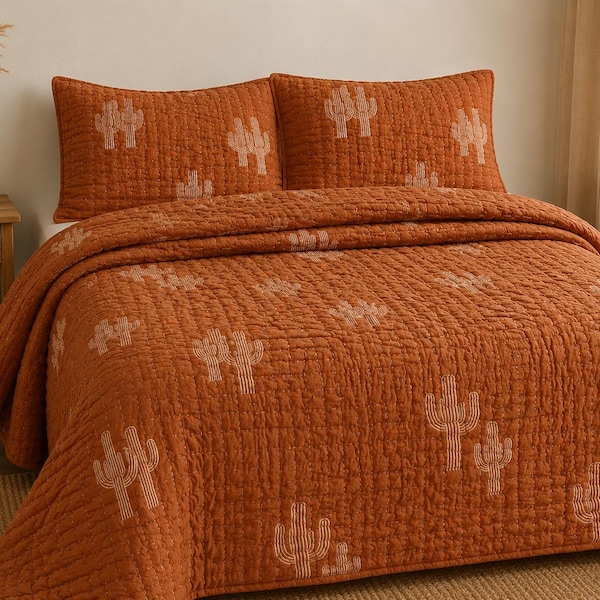 Couette en coton cactus faite main, couvre-lit bohème kantha, literie en terre cuite rouille