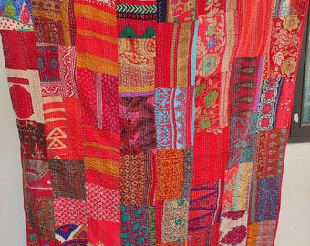 Vintage Silk Patchwork Kantha Quilt, Indian Bedspread, Boho Throw