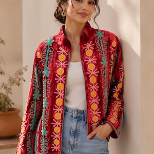 Red Suzani Velvet Jacket, Hand Embroidered Boho Jacket, Vintage Velvet Coat, Free Size Women's Statement Jacket