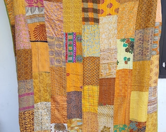 Vintage Silk Kantha Quilt, Handmade Indian Bedspread, Boho Throw