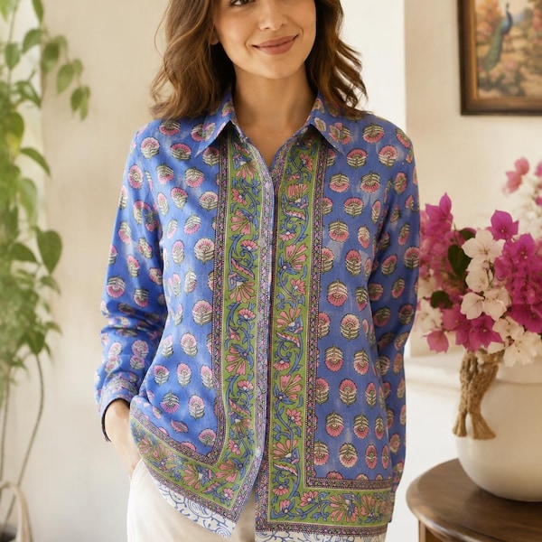 Indian Handmade Pure Cotton Shirt, Women’s Hand Block Printed Long Sleeve Shirt, Bohemian Summer Blouse