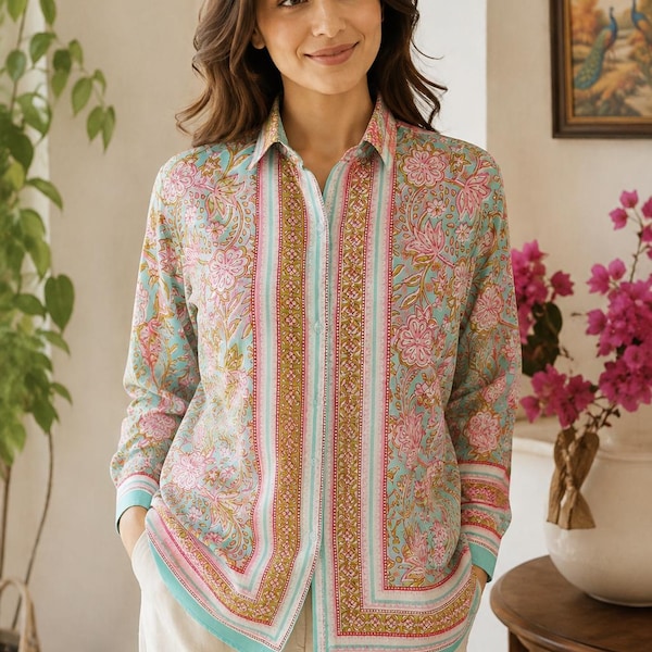 Handmade Pure Cotton Women Shirt, Traditional Indian Hand Block Print Top, Relaxed Fit Button Up Shirt, Sustainable Boho Clothing
