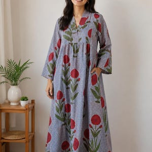 frock trendy cotton maxi dress designs Digital Printed Cotton Silk Flared Dress in Grey and Blue