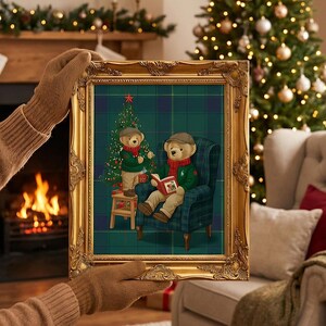 May include: A framed Christmas-themed print featuring two teddy bears. One bear is reading in a plaid armchair, while the other decorates a Christmas tree. The print has a gold ornate frame and a plaid background.