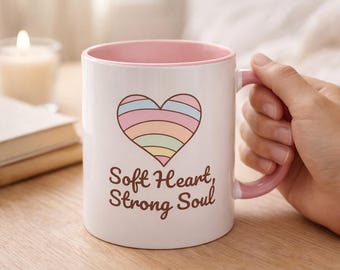 Motivierender Kaffeebecher – Sanftes Herz, starke Seele, Geschenk zur Selbstliebe für sie, Keramikbecher mit rosa Akzenten