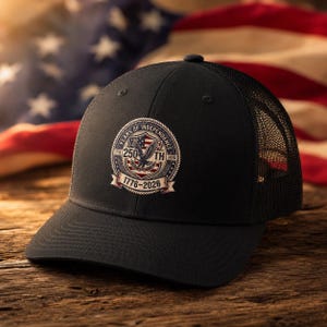 Puede incluir: Una gorra de camionero negra con un parche circular en la parte delantera. El parche muestra un águila, la bandera estadounidense y el texto 250TH YEARS OF INDEPENDENCE 1776-2026. La gorra tiene un panel frontal sólido y una malla trasera.