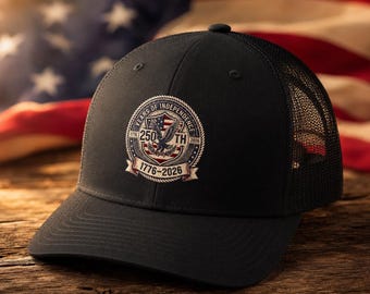 1776-2026 Embroidered Eagle Patch Trucker Hat, Richardson Snapback Cap, America 250th Anniversary Keepsake