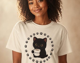 Purrfectly Brewed Cat Shirt Front and Back, Coffeemeow Black Cat Tee, Kawaii Cat Mom Gift, Comfort Colors 1717 Paw Print