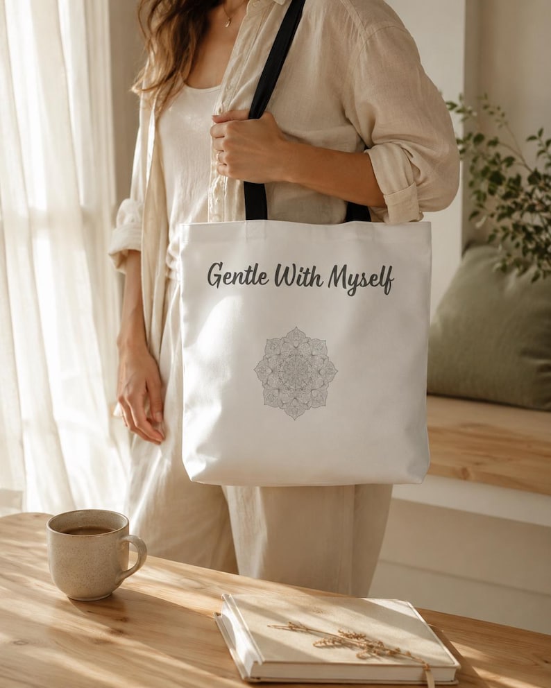 K&ouml;nnte beinhalten: Wei&szlig;er Shopper mit schwarzen Tr&auml;gern, mit dem Text "Gentle With Myself" und einem Mandala-Design. Die Tasche wird von einer Person in einem beigen Outfit gehalten. Eine Tasse und ein Buch liegen auf einem Holztisch.