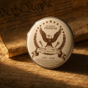 Puede incluir: Una moneda conmemorativa redonda de color crema con un águila central de alas extendidas, rodeada de estrellas y una corona de laurel. El texto incluye 250 YEARS OF FREEDOM, DON'T TREAD ON ME, 1776-2026 y las trece colonias estadounidenses.