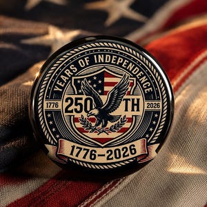 Puede incluir: Un pin circular con el gráfico de un águila calva con las alas extendidas sobre un escudo con rayas rojas, blancas y azules. El texto dice 250 TH YEARS OF INDEPENDENCE 1776 2026 y 1776-2026. El diseño utiliza una paleta de azul marino, rojo y crema.