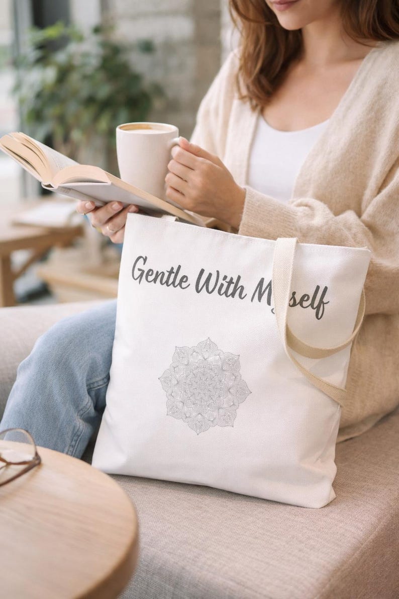 K&ouml;nnte beinhalten: Eine wei&szlig;e Tragetasche mit dem Text "Gentle With Myself" in schwarzer Schrift und einem grauen Mandala-Design. Die Tasche hat beige Tr&auml;ger und wird von einer Person gehalten. Die Person h&auml;lt ein Buch und eine Tasse.