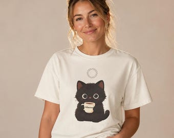 Cute Black Cat Coffee Shirt, Kawaii Cat Mom Gift, Comfort Colors 1717 Garment Dyed Tee, Cat Lover Shirt, Cat Coffee Graphic Tee