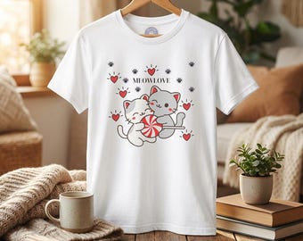 Cute Kawaii Cats Holding Candy Shirt Meow Love Cat Lover T Shirt Valentine Gift Playful Kitten Graphic Tee