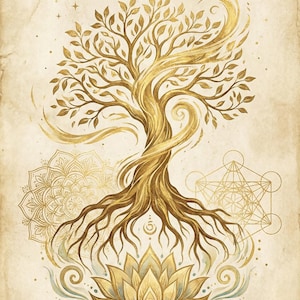 May include: A golden illustration of a tree with intricate details, including a crescent moon, stars, and a lotus flower. The artwork features a mandala and geometric shapes, all set against a textured, sepia-toned background.
