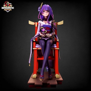 May include: A detailed figurine of a character with purple hair and attire, seated on a red chair with gold accents. The figure is holding an object and has a serene expression. The base of the chair is brown.