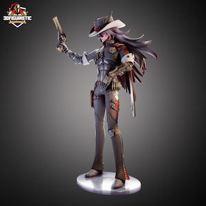 May include: A detailed figurine of a character in a cowboy hat, holding a gun. The figure is dressed in a grey and red outfit with a metallic appearance. The base is a silver disc, and the background is a gradient of grey.