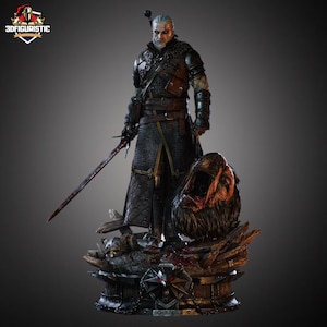 Figura coleccionable inspirada en Geralt: Estatua de guerrero de fantasía de White Wolf / Decoración de jugador impresa en 3D y pintada a mano