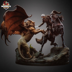 May include: A detailed figurine depicting a battle scene. A warrior on horseback faces a winged lion-like creature. The warrior holds a sword, poised to strike. The creature has large wings and a lion's mane. The base is textured to resemble a rocky terrain.