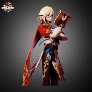 Op de afbeelding: 3D-geprinte beeldje van een personage met blond haar, gekleed in een rode en witte outfit met gouden accenten. Het personage houdt een rol vast en heeft een blauwe strik. Het beeldje is van 3DFiguristic.