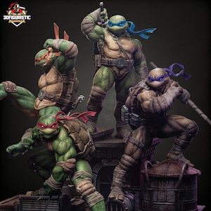 Op de afbeelding: Een groep van vier Teenage Mutant Ninja Turtles actiefiguren. Elke figuur heeft een andere kleur, met groene huid, bruine schilden en gekleurde maskers. De figuren staan in dynamische actiehoudingen en houden wapens vast. Het logo "3DFIGURISTIC" staat linksboven.
