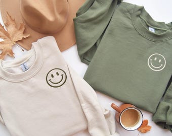 Embroidered Happy Face Comfort Colors® Shirt, Custom Color Retro Smile Sweatshirt