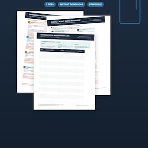 Pode incluir: Um conjunto de três documentos imprimíveis intitulados TIPS2MAINTAIN REFRIGERATOR, incluindo um guia de solução de problemas, uma referência rápida de sinais e alertas, e um registro de manutenção com colunas para data e tarefas.