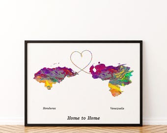 Honduras to Venezuela, Custom any Two States or Countries Canvas or Poster Watercolor Print
