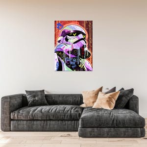 May include: A vibrant pop art canvas print featuring a Stormtrooper helmet with graffiti-style details. The artwork uses a palette of purple, green, yellow, and blue against a red background. Text includes "FIGHT FOR YOUR DREAMS".