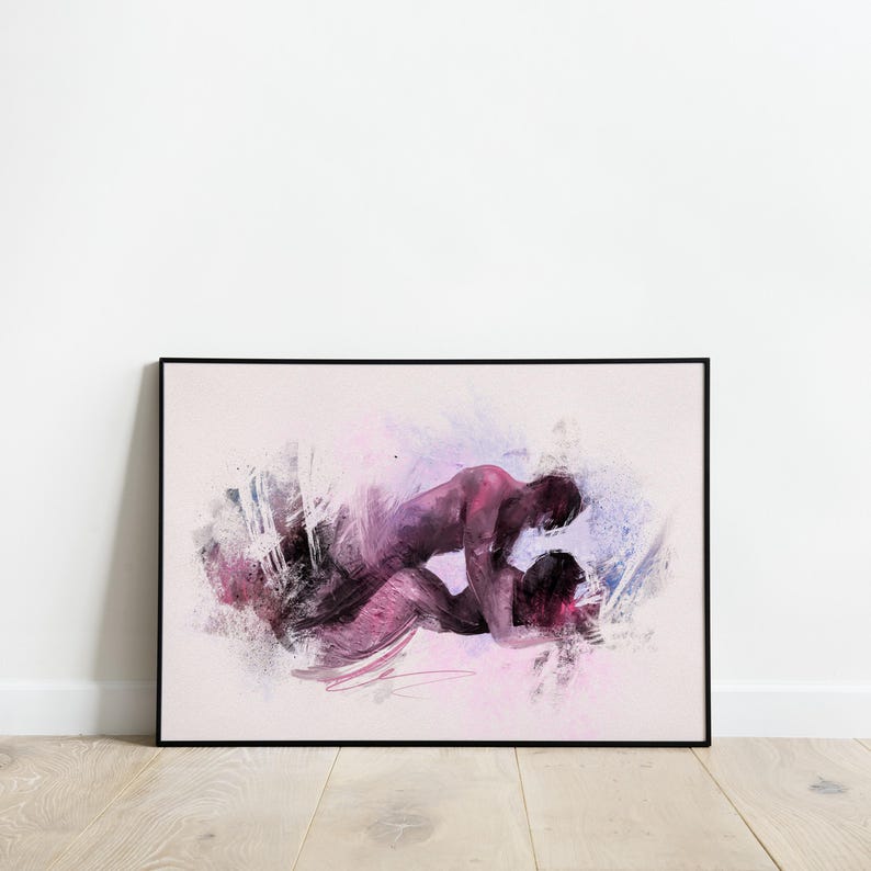 May include: Abstract art print featuring two figures in a passionate embrace, rendered in shades of purple, pink, and blue. The artwork is framed in a black border, creating a striking contrast against the white background.