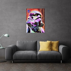 May include: A vibrant pop art canvas print featuring a Stormtrooper helmet with graffiti-style accents. The artwork uses a palette of purple, pink, yellow, and black, with the text "FIGHT FOR YOUR DRUGS".