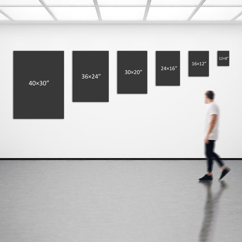 May include: Six rectangular black wall art canvases arranged in a row, labeled with dimensions 40x30", 36x24", 30x20", 24x16", 16x12", and 12x8" in white text. The canvases are displayed on a plain white wall in a gallery-style setting.