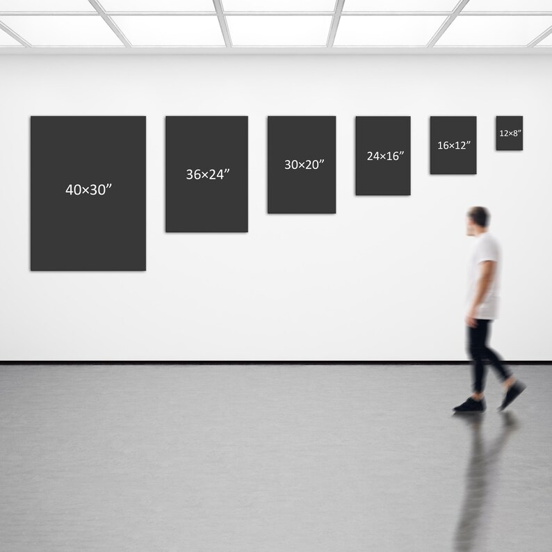 May include: A display of six rectangular black canvases of varying sizes, mounted on a white wall. The canvases are labeled with their dimensions: 40x30", 36x24", 30x20", 24x16", 16x12", and 12x8". A person walks past the display.