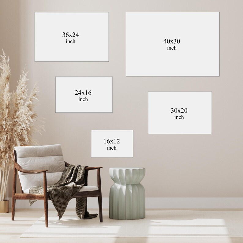 May include: Five rectangular wall art prints of varying sizes are displayed on a beige wall. The sizes are 36x24 inches, 40x30 inches, 24x16 inches, 30x20 inches, and 16x12 inches. A chair, blanket, and side table are in the foreground.