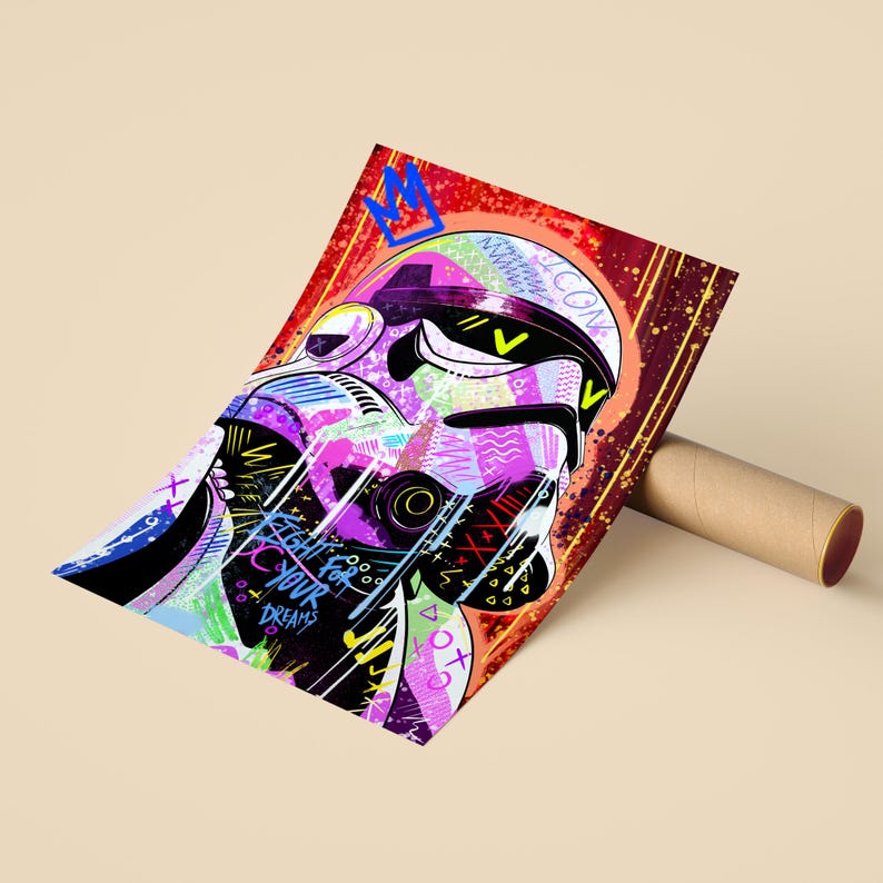 May include: A colorful art print featuring a stylized face with a crown and the words "FIGHT FOR YOUR DREAMS". The artwork uses a vibrant palette of purple, blue, green, and red, with black accents and geometric shapes. The print is displayed with a brown cardboard tube.