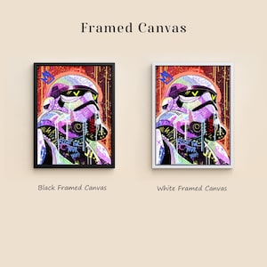 May include: Framed canvas art featuring a stylized Stormtrooper helmet in vibrant colors. The artwork includes text that reads "Fight for your dreams." Available in black and white frames. The background is a warm, reddish-orange.