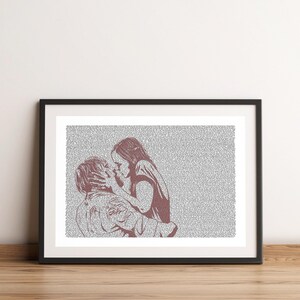 May include: Framed art print featuring a couple in a tender embrace, rendered in a sepia tone. The background is filled with small text, creating a unique texture. The artwork is encased in a black frame, suitable for home decor.