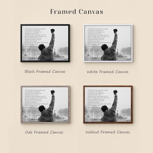 May include: Framed canvas prints featuring a black and white image of a person with their fist raised in the air. The prints are available in black, white, oak, and walnut frames. The text "Framed Canvas" is at the top.