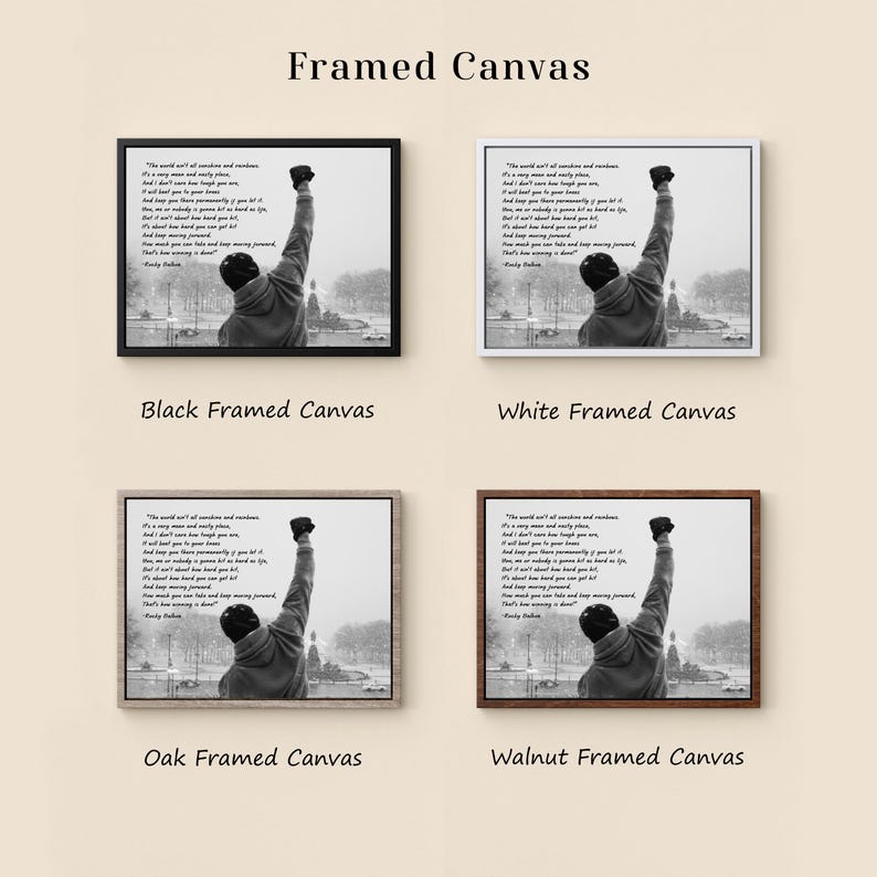 May include: Framed canvas prints featuring a black and white image of a person with their fist raised in the air. The prints are available in black, white, oak, and walnut frames. The text "Framed Canvas" is at the top.